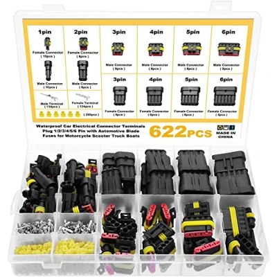 Afbeelding van eROOSY 622 stuks waterdichte connectoren, autostekker, waterdicht, 1/2/3/4/5/6 polige connectoren voor auto, motorfiets, scooter, vrachtwagen, boot, marine, 23 16AWG