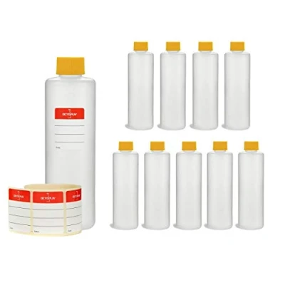 Afbeelding van Octopus 10 x 250 ml HDPE kunststof flessen met gele schroefdoppen, lege schroefdeksels, ronde incl. etiketten