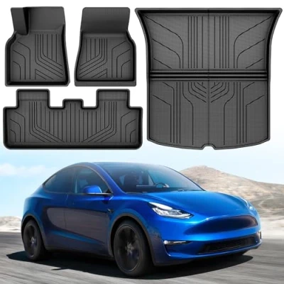 Afbeelding van YITAHOME Tesla model Y vloermatten, all weather antislip, hoogwandig, 3D waterdichte rubberen matten, vloerbedekkingset, compatibel met 2024, 2023, 2022, 2021, 2020, 4 stuks vloermatten