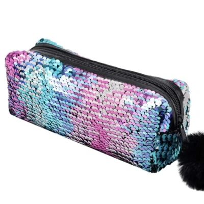 Afbeelding van PHOGARY Zeemeermin pailletten etui voor meisjes (omkeerbare kleur), glitter cosmetische Make Up handtas portemonnee vrouwen met pompom ritssluiting, blauw paars, Pouch
