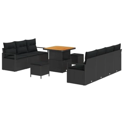 Afbeelding van vidaXL 10 delige Tuin Sofa Set met Kussens Zwart Poly Rattan Acacia, 2 zits Rattan, 3 Eetset Acacia