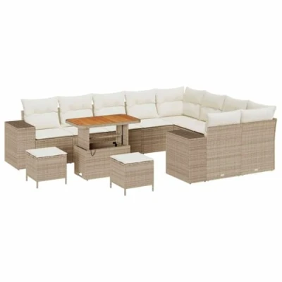 Afbeelding van vidaXL 12 delige tuinset met kussens in beige poly rattan en acacia