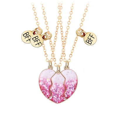 Afbeelding van Bixorp Friends BFF Ketting voor 3 met Roze Glitter Hartje Goudkleurig Regenboog Vriendschapsketting Best