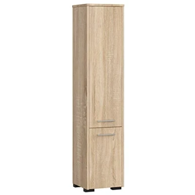Afbeelding van Kolomkast voor Badkamer FIN Wit/Dennen Sonoma, 140 cm Hoog, 2 Deuren, 5 Planken, Hangende of Vrijstaande Montagemogelijkheid, Mat Witte Korpus met Dennefronten, Zelfmontage Gevraagd