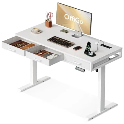 Afbeelding van OffiGo Elektrisch staand bureau met 3 laden, in hoogte verstelbaar, zitstandaard, ergonomische tafel, 120 x 54 78,5 cm, wit