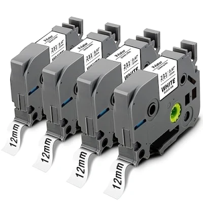 Afbeelding van Pristar van 4 stuks, compatibel met Brother TZe 231, TZe231, TZc Tz tape, 12 mm, 0,47, gelamineerde witte tape voor PTH100R, PT D400, H105, E100, 1000, 1080, D600VP en H101