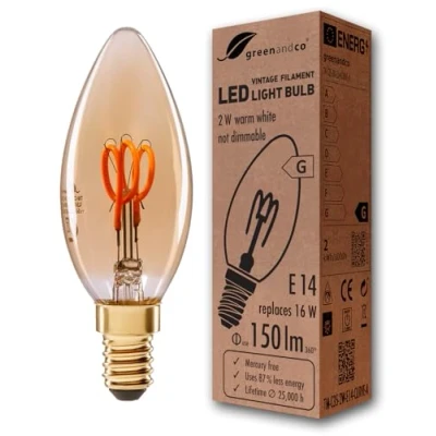 Afbeelding van greenandco® Vintage gloeidraad LED kaars amber E14 C35 2W 150lm 2000K extra warm wit 360 230V flikkervrij, niet dimbar