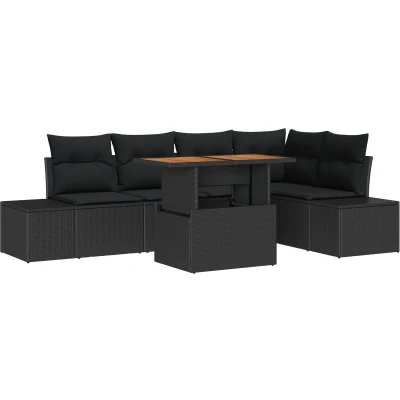Afbeelding van vidaXL 6 delige Tuin Eettafel Set met Kussens Zwart Poly Rattan Acacia