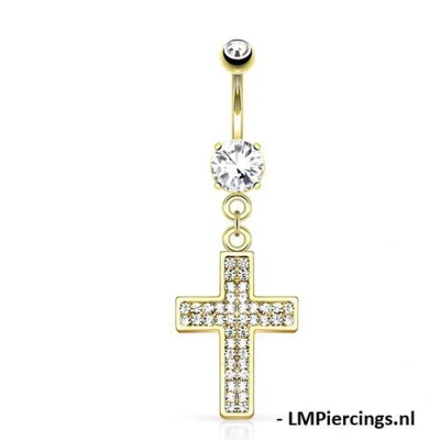 Afbeelding van Navelpiercing Gem Paved Cross hanger gold plated