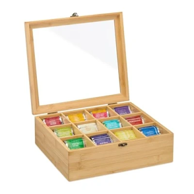 Afbeelding van theedoos 12 vaks met slotje 11 x 32 28 cm bamboe
