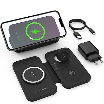 Afbeelding van Mag Safe draadloze oplader, 3 in 1, 15 W, opvouwbaar, inductief laadstation voor iPhone 15/14/13/12 serie, Apple Watch en Air Pods Travel oplader met USB C