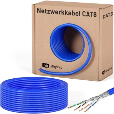 Afbeelding van HB DIGITAL 25 m Cat 8.1 netwerkkabel, installatiekabel, datakabel, ethernet, LAN kabel, Cat.8 tot 40 Gbit/s, koper S/FTP 2000 MHz, PIMF LSZH Cat8, halogeenvrij, RoHS compliant AWG 22/1, blauw