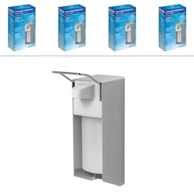 Afbeelding van ARNOMED 4x aluminium desinfectiemiddeldispenser, desinfectiemiddeldispenser voor 500 ml, dispenser met korte armhendel, zeepdispenser wandmontage, zeepdispenser, wand