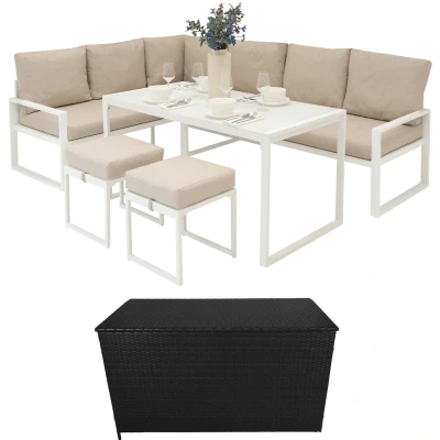 Afbeelding van Tuinmeubel Set Wit Aluminium met Rotan Opbergbox Zwart 7 Zitting Buiten Hoek Loungeset Zitbank Eettafel Krukken Kussens 582L Kist Gasveren Hefmechanisme Draagbaar Waterdichte Regenhoes Draagtas