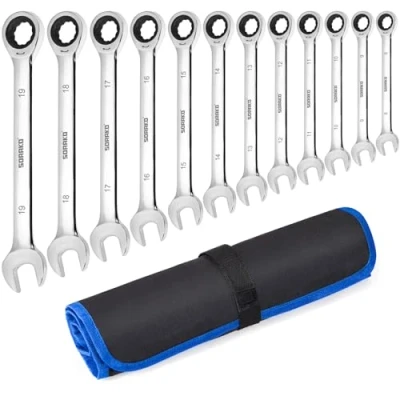 Afbeelding van Ratelsleutelset 12 delige combinatiesleutelset Combinatiesleutel met vaste kop 72 tanden Rateltandwiel 8 19 mm metrisch Standaardset