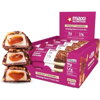 Afbeelding van MaxiNutrition Filled Protein Bar Peanut Caramel, 12 x 45g 32% eiwit, 14g per reep melkchocolade, geroosterde pinda&#039;s, kern van karamelcrème. 1,7g suiker &amp; energie uit dextrin. Made in Germany