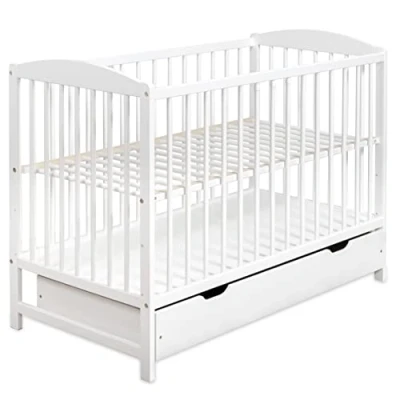 Afbeelding van moto MOLTICO Gitterbed Babybed 2in1 60x120 met lade Spijlen en lattenbodem In hoogte verstelbaar Om te bouwen tot juniorbed voor jongens meisjes Wit