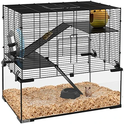 Afbeelding van PawHut Hamsterkooi, knaagdierkooi, 3 niveaus met wiel, hellingen, huis, drinkbak, voederbak, 60 x 40 57 cm, zwart
