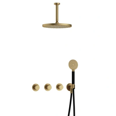 Afbeelding van Hotbath Cobber Regendoucheset IBS70 Geborsteld Messing Ronde handdouche 30cm Hoofddouche 15cm Plafondbuis Handouche met wandhouder
