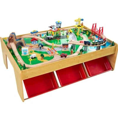 Afbeelding van KidKraft 17850 Waterfall Mountain houten treinbaanset met tafel voor kinderen, spoorwegactiviteitenset inclusief accessoires (120 stuks)