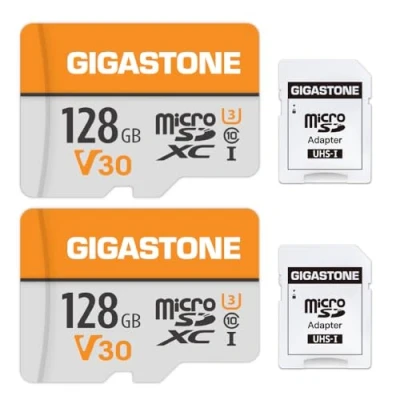 Afbeelding van Gigastone Geheugenkaart, 128 GB, set van 2 kaarten, compatibel met Gopro Samsung Sony tablet drone, hoge snelheid voor 4K UHD Video, A1 U3 C10 Micro SDXC kaart mini hoes en SD adapter.