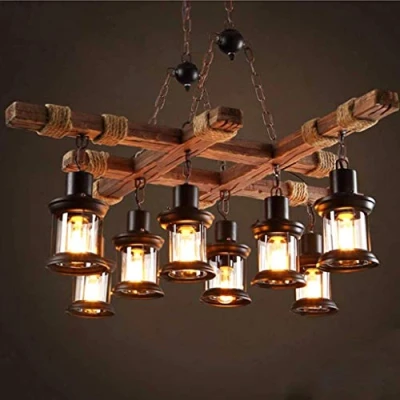 Afbeelding van hanglamp, vintage kroonluchter, retro hout, metaal, zwart, in hoogte verstelbaar, E27, industrieel, voor eetkamer, woonkamer, keuken, café, hanglamp