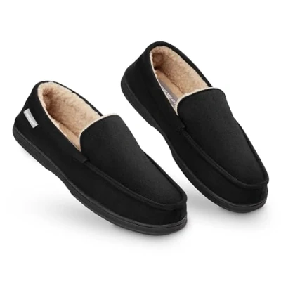 Afbeelding van Dunlop Mocassins, slippers voor heren, nepbont, met rubberen zool en traagschuim, huisslippers, binnenschoenen, geschenk Zwart, 44 EU