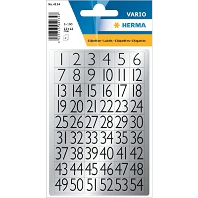 Afbeelding van Etiket HERMA 4134 13x12mm getallen 1 100 zwart op zilver Blister a 4 vel 10 stuks