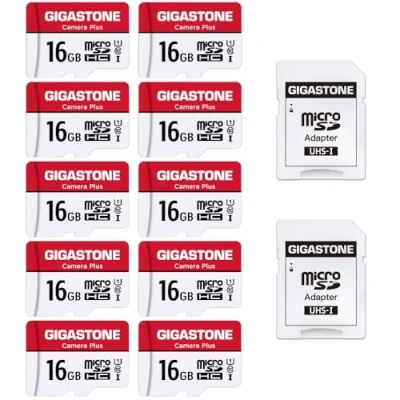 Afbeelding van Gigastone Geheugenkaart 16 GB set van 10 kaarten, camera plus serie, snelheid tot 85 MB/s. Ideaal voor Full HD Video Gopro drone U1 C10 Micro SDHC kaart met mini hoes en SD adapter.