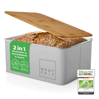 Afbeelding van Lumaland Cuisine Broodtrommel Metaal met bamboe deksel Rechthoekig 30,5 x 23,5 14 cm Lichtgrijs