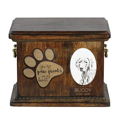 Afbeelding van Art Dog Custom Memorial Urn Handgemaakt Koud Gegoten Bronzen Portret op Berken Basis met Gepersonaliseerde Keramische Plaat 8,3x11,4x8,7 Weimaraner