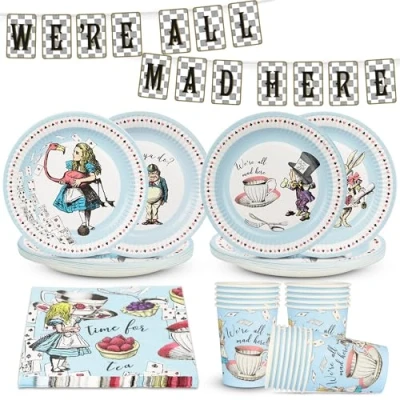 Afbeelding van Talking Tables Alice in Wonderland Decoraties en feestservies voor 16 gasten, Mad Hatter Bunting, borden, Napkins, Cups, tafelhoes verjaardag, babyshower, boekendag