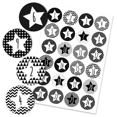 Afbeelding van 24 Adventskalender cijfers stickers geometrische sterren zwart wit nr. 30 sticker 4 cm om te knutselen en versieren door Papierdrachen