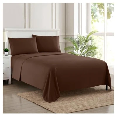 Afbeelding van Sweet Home Collection Luxe beddengoed set met plat, hoeslaken, 2 kussenslopen, microvezel, bruin, koningin