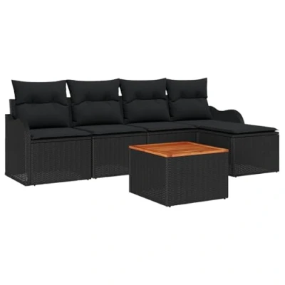 Afbeelding van vidaXL 6 delige Tuin Sofaset met Kussens Zwart Poly Rattan Acacia, 2 Zits Sofa