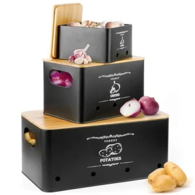 Afbeelding van VORHOT Aardappelopbergdoos, set van 3 uien, aardappelen, knoflook, aardappelbox met deksel bamboe, zwart
