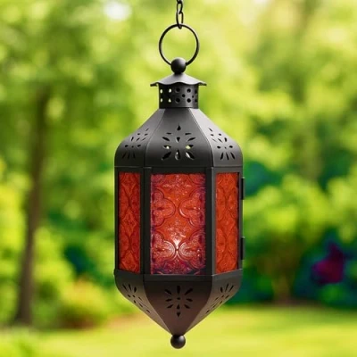 Afbeelding van Rood glas opknoping Marokkaanse kaars lantaarn met ketting