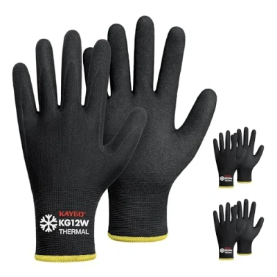 Afbeelding van KAYGO KG12W Nitril werkhandschoenen, 3 paar, gecoat, thermische voering, winter, voor mannen en vrouwen, grip behendigheid, koude bouw, vriezer, magazijn, automotive (zwart, L, maat 9)