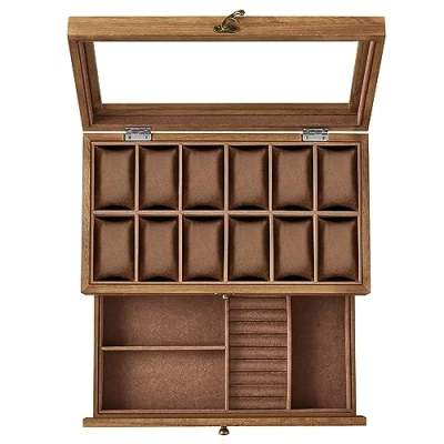 Afbeelding van SONGMICS horlogedoos met 12 compartimenten, massief houten glazen deksel, horlogekussen, sieradenopslag, cadeau voor uw geliefde, walnoot JOW012K01