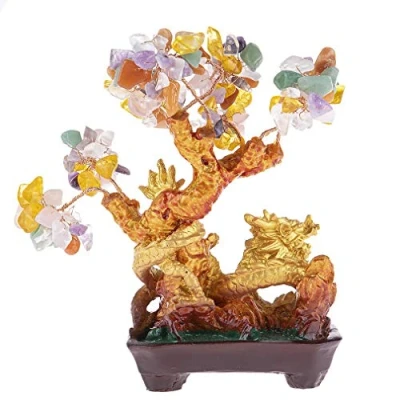 Afbeelding van lachineuse Drakenboom met 5 elementen Feng Shui boom 19 cm Aziatische Japanse draak decoratie geïmproviseerde gouden edelstenen Object Japan Zen