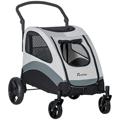 Afbeelding van Pawhut hondenwagen met 4 wielen, kattenbuggy voor honden, katten, netvak aan de zijkant, raam, zijvak, opvouwbaar, Oxford stof, grijs+zwart, 107 x 72 102 cm