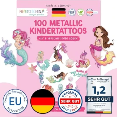 Afbeelding van Papierdrachen 100 metallic tatoeages voor kinderen, huidvriendelijke kindertatoeages, voetbal Duitsland, glittertatoeages, verjaardagscadeautje, jongens en meisjes, gemaakt in Duitsland