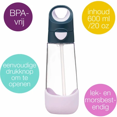 Afbeelding van b.box Tritan Driehoeksdrinkfles met eenvoudige drukknop, open of dicht deksel, waterfles verwijderingssiliconen rietje, perfect voor schoolkinderen (indigo Rose)