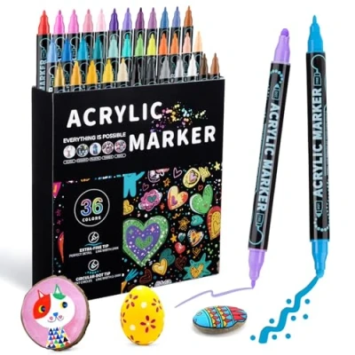 Afbeelding van Mzh Art 36 kleuren dubbele punt acrylverf pennen markers, premium acryl markers voor hout, rotsschilderen, glas, canvas, steen, doe het zelf ambachten maken