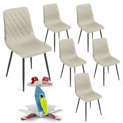 Afbeelding van Eetkamerstoelen set van 6 Crème fluweel metalen been woonkamerstoel fluwelen stoel roestvrijstalen keukenstoel zwarte poten polyester