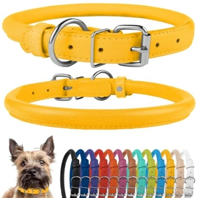 Afbeelding van CollarDirect Opgerolde lederen halsband, zachte gewatteerde ronde puppyhalsband, handgemaakte echt halsband hond kleine grote kattenhalsbanden zwart roze rood paars blauw (geschikt voor 9&quot; 12&quot;