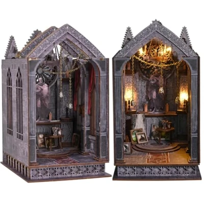 Afbeelding van Cjeuxnr Book Nook Kit DIY Poppenhuis Miniatuur Kit, Boekenplank Insert Decor, 3D Houten Puzzel Booknook met LED Licht voor Creatieve Ssembled Boekensteunen