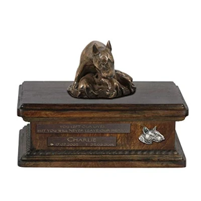 Afbeelding van Art Dog Custom Sitting Statue Memorial Urn Handgemaakt koud gegoten brons op berkenhouten voet 8,3x11,4x8,7 5l Bullterriër VIII