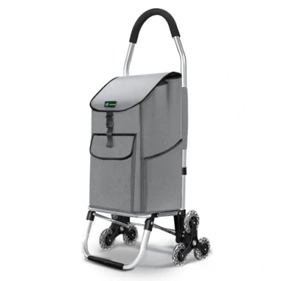 Afbeelding van VOUNOT Boodschappentrolley met 6 wielen van aluminium waterdicht vak, boodschappentrolley, opvouwbaar, 2 in 1, tas, trolley, trappen, grijs, 45 l