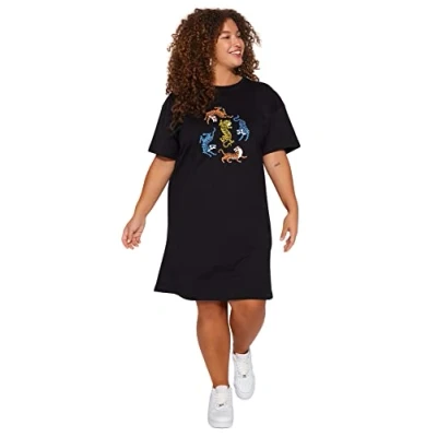 Afbeelding van Trendyol Zwarte Ronde Hals Luipaardprint 100% Katoenen Gebreide Plus Size T Shirtjurk Tbbss23Ah00163